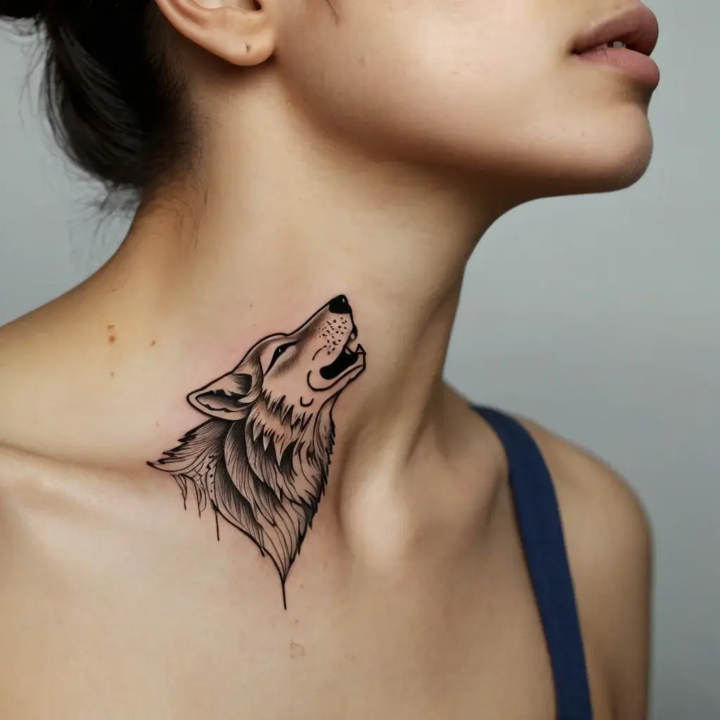 Neck tattoo of a howling wolf, intricate linework with shading detail, symbolizing strength and freedom.