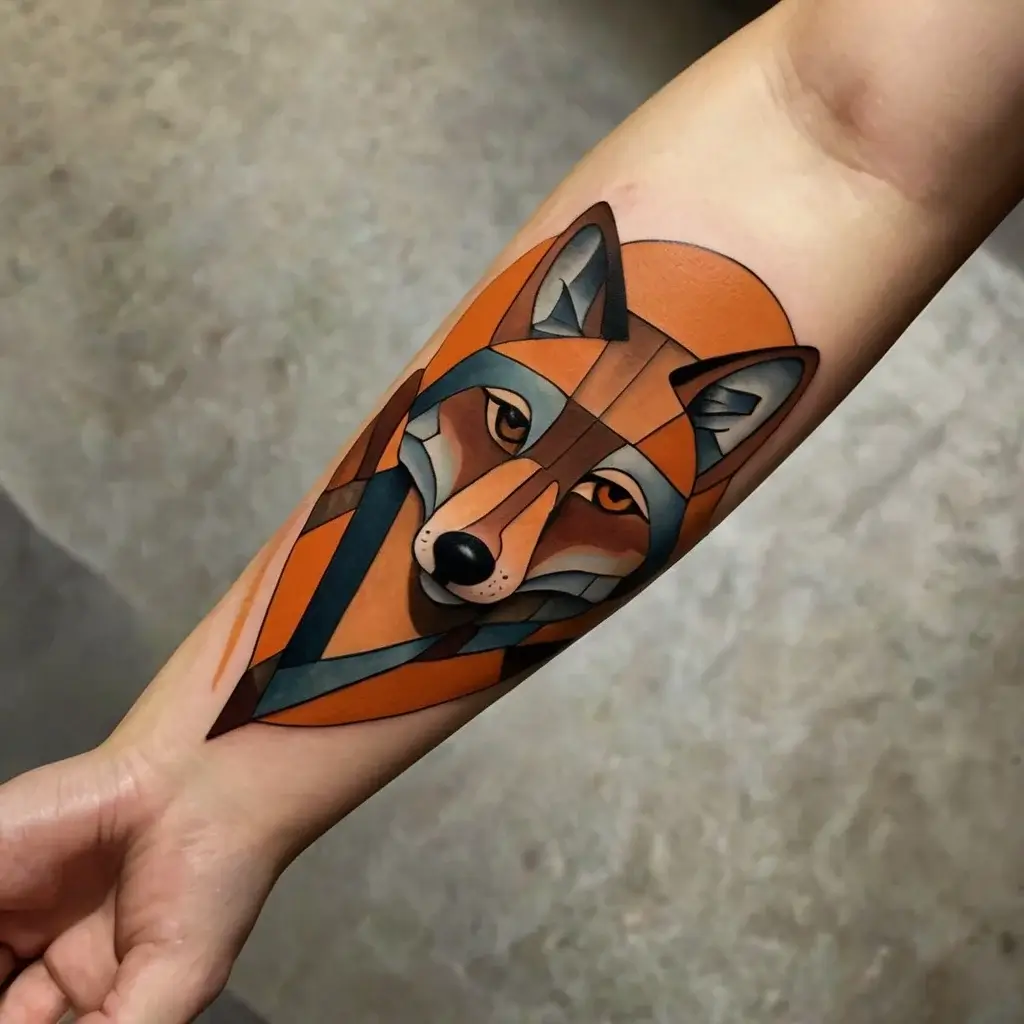 Geometric fox tattoo in vibrant orange and blue hues; detailed shading emphasizes the fox's serene expression on forearm.