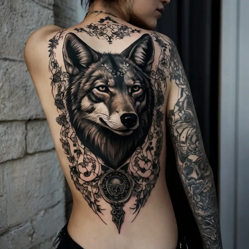 Realistic wolf head tattoo on back, framed by ornate floral patterns, combining strength and elegance in black and gray.