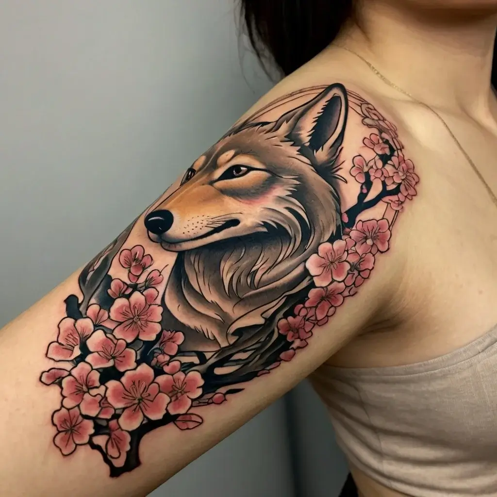 Wolf with pink cherry blossoms, detailed on upper arm, symbolizes strength and beauty in a harmonious blend.