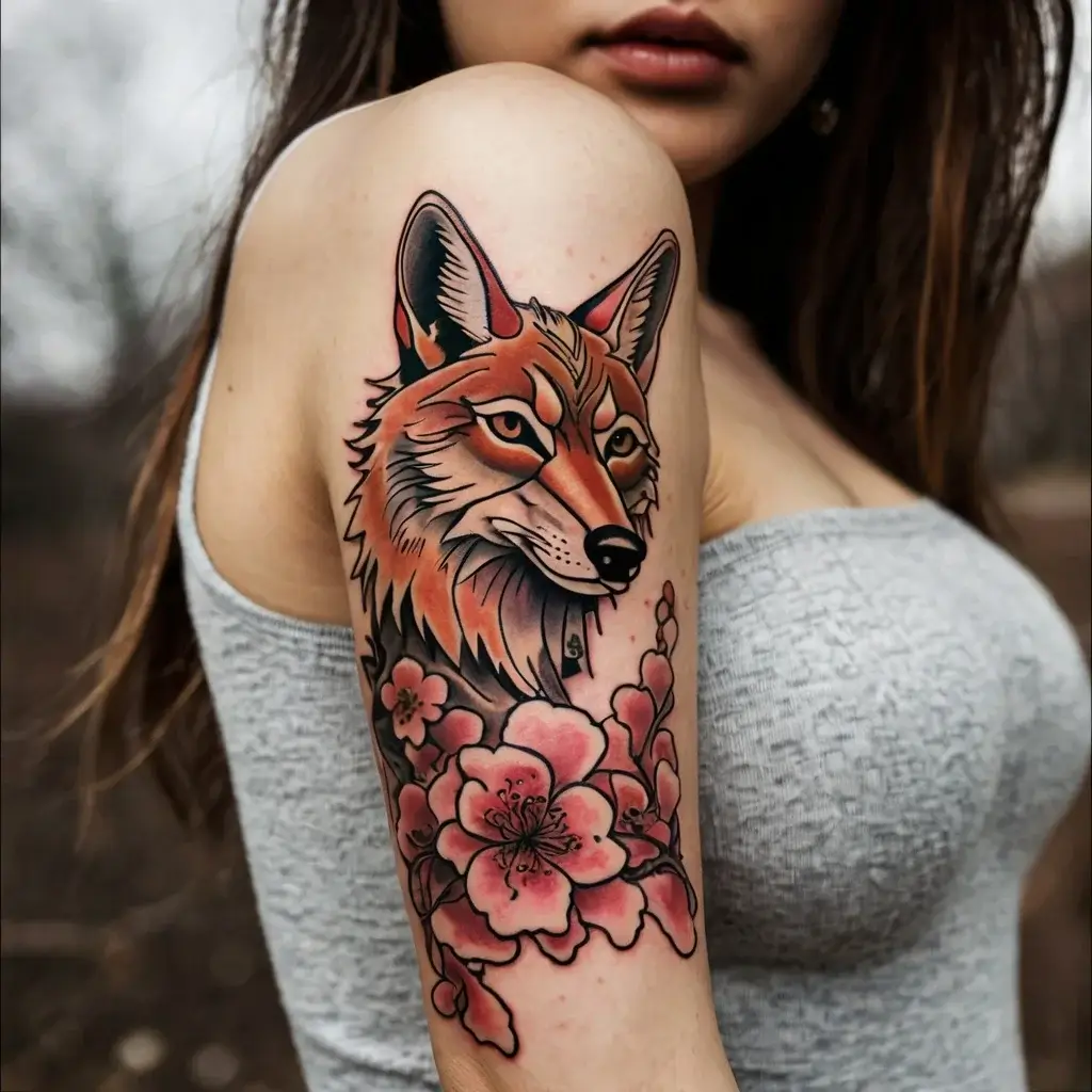 Tattoo of a vibrant fox head with soulful eyes, surrounded by pink cherry blossoms on an upper arm, symbolizing cunning and beauty.