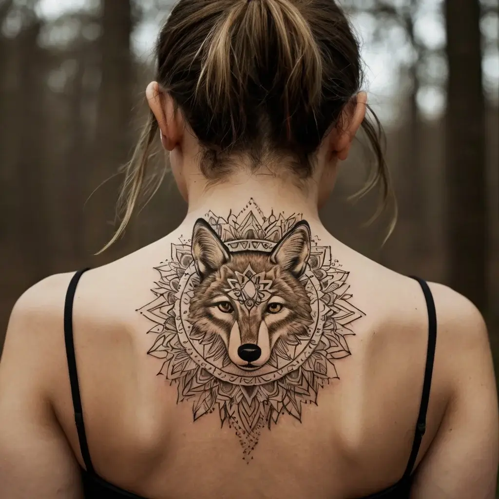 Wolf face tattoo on upper back with intricate mandala pattern, symbolizing strength and spirituality.