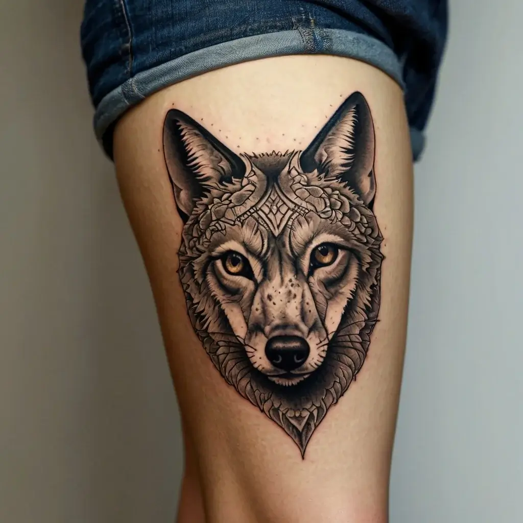 Wolf tattoo with intricate floral and geometric patterns on the forehead, showcasing bold lines and shading on the thigh.