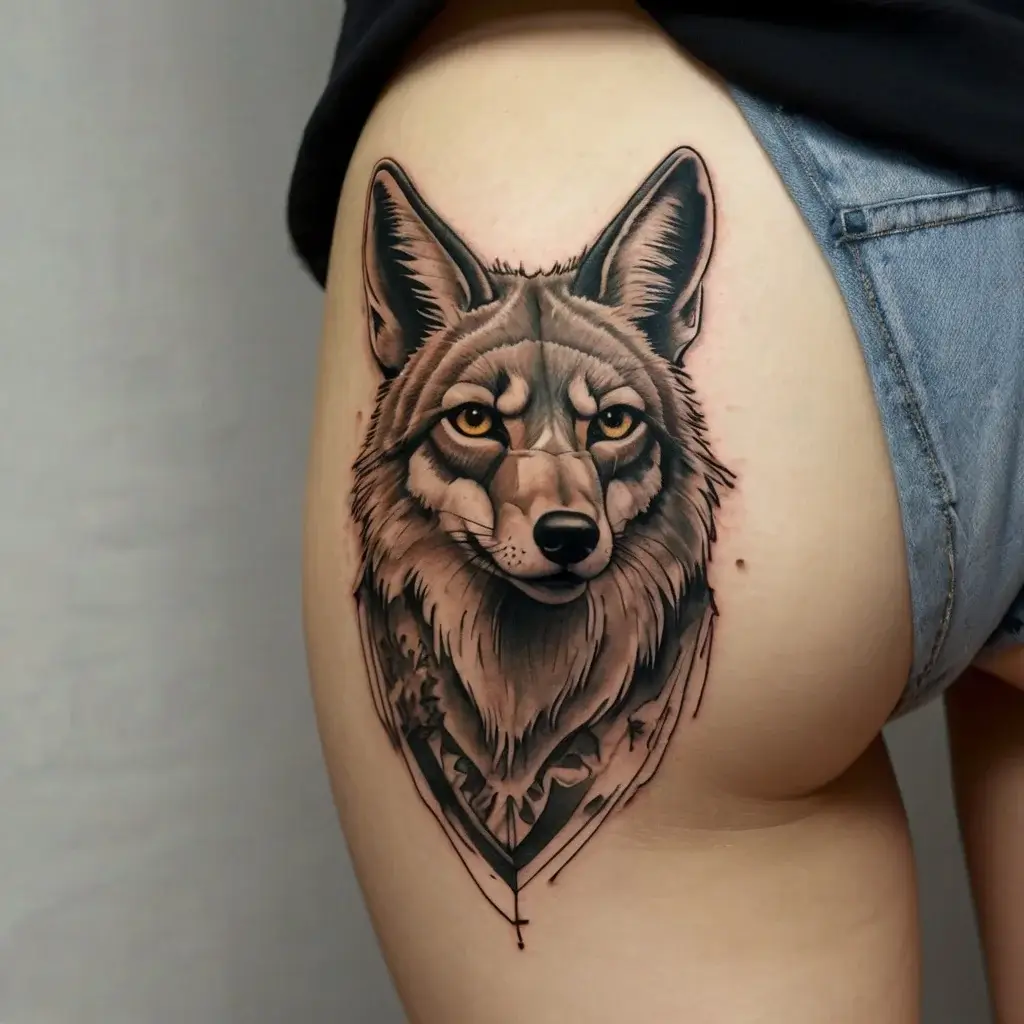 Realistic wolf head tattoo on thigh, detailed shading and sharp lines emphasize the piercing gaze and expressive fur.