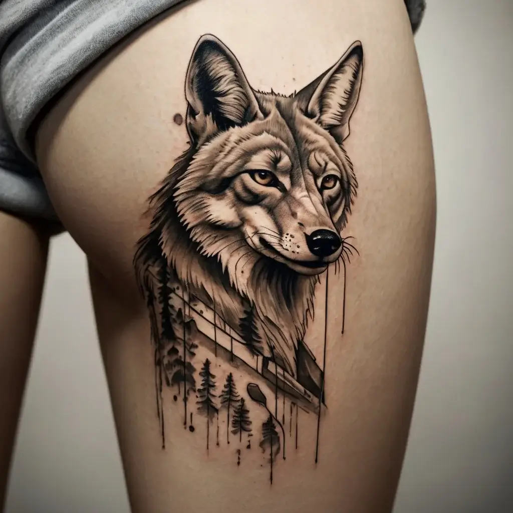 Tattoo of a realistic wolf with geometric elements and trees, blending nature and art on the upper thigh.