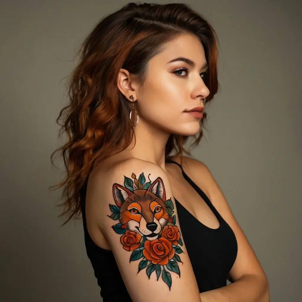 Tattoo of a fox head surrounded by vibrant orange roses and green leaves on a woman's upper arm, in neo-traditional style.