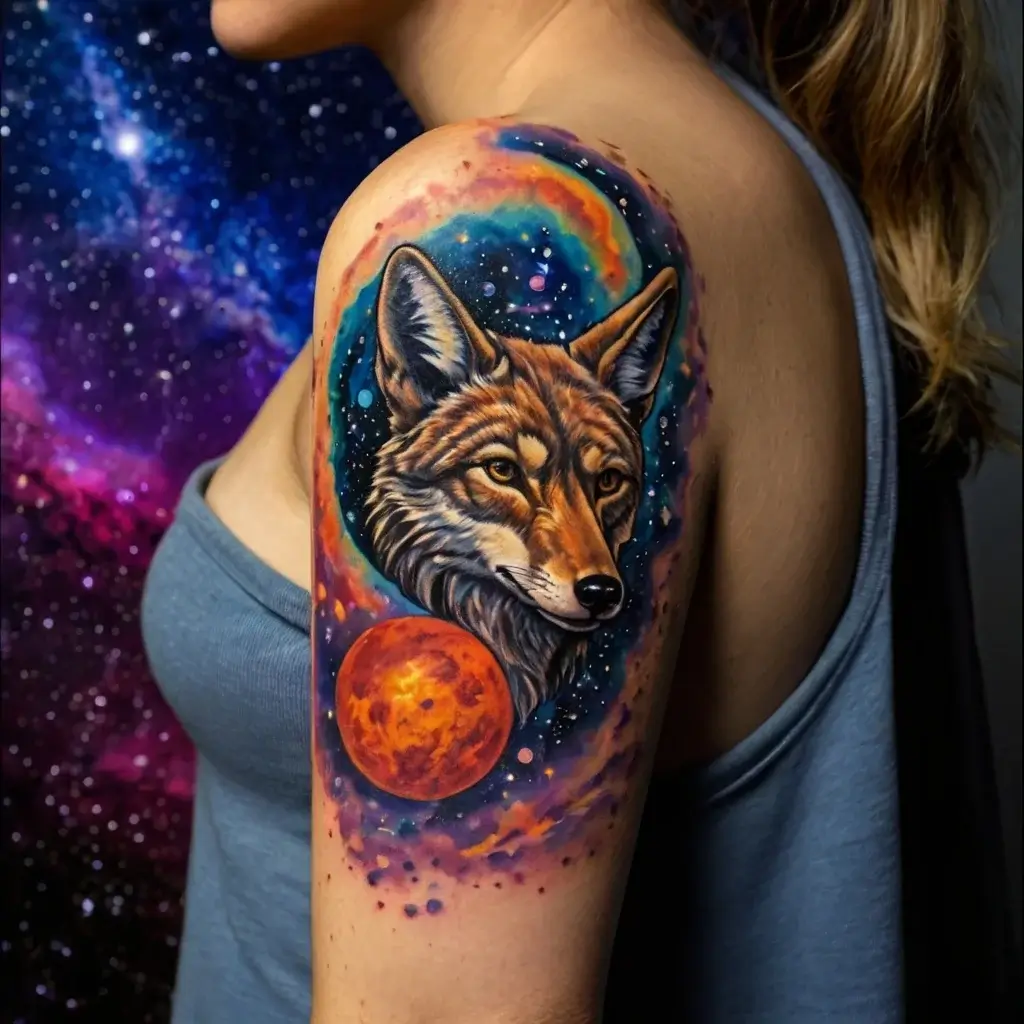 Vibrant tattoo of a wolf's head framed by a cosmic nebula and a fiery planet, blending nature and space on the arm.