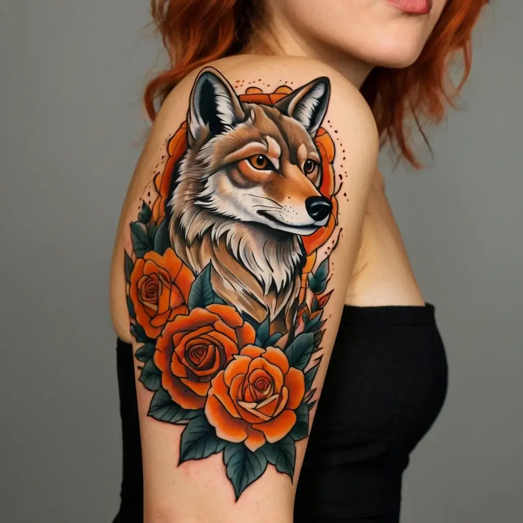 Tattoo of a detailed wolf framed by vibrant orange roses and green leaves wraps around the upper arm, symbolizing strength.