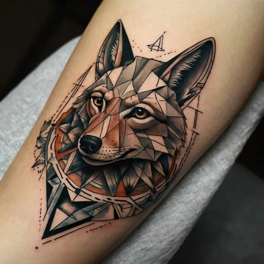 Geometric wolf tattoo with earthy tones and intricate line work, combining realism and abstract facets.