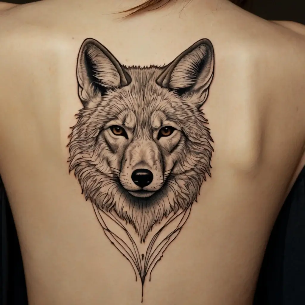 Intricate wolf tattoo on back, featuring sharp details and subtle shading, blending realism with abstract elegance.