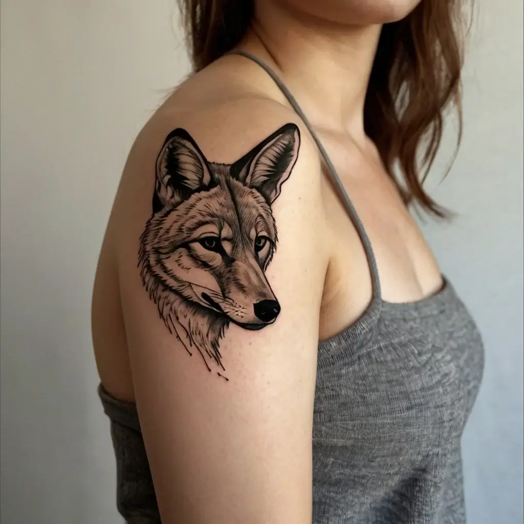 Detailed wolf head tattoo on the upper arm, showcasing precise line work and shading for a lifelike appearance.