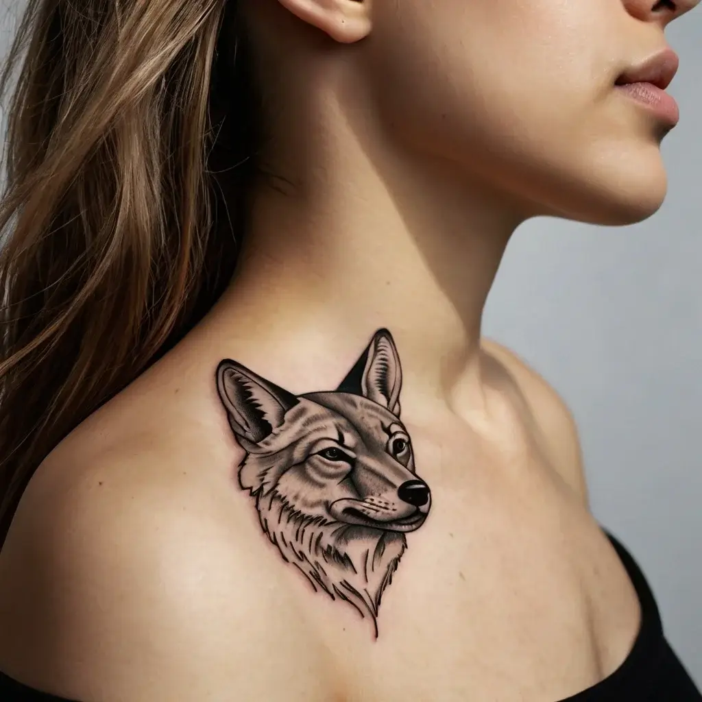 Tattoo of a realistic wolf head on the shoulder, featuring fine shading and detailing, symbolizing strength and independence.