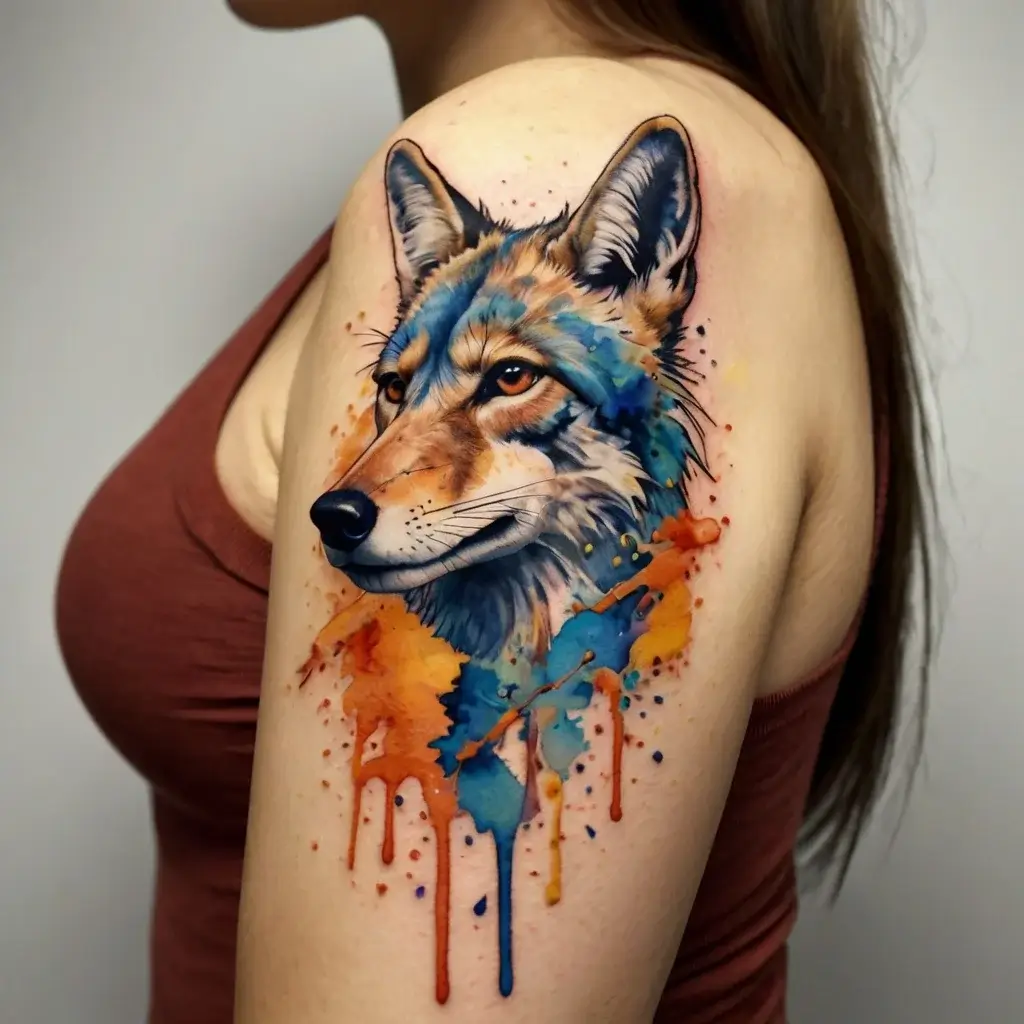 Watercolor wolf tattoo on upper arm, featuring vibrant splashes of blue, orange, and yellow with a realistic wolf design.