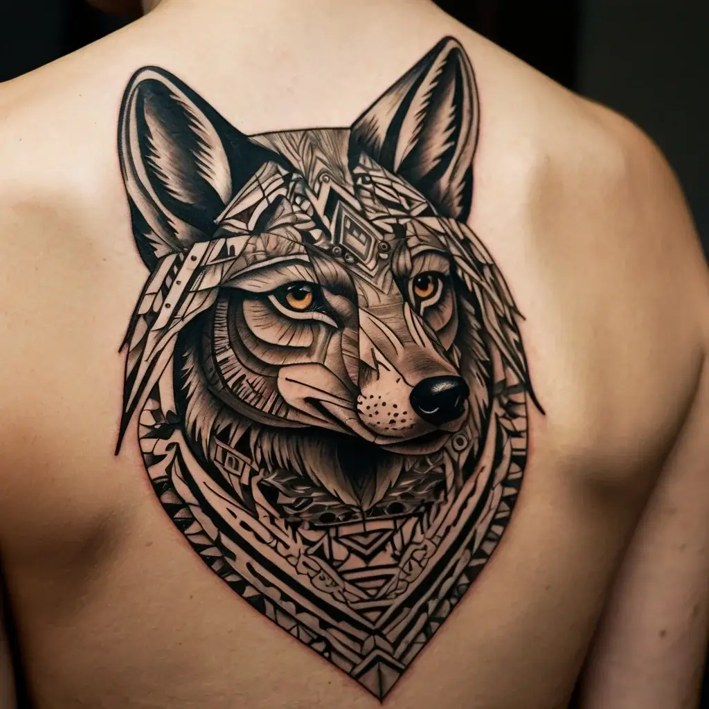 Intricate wolf tattoo on the back, detailed with geometric patterns and vibrant amber eyes, conveying strength and mystery.