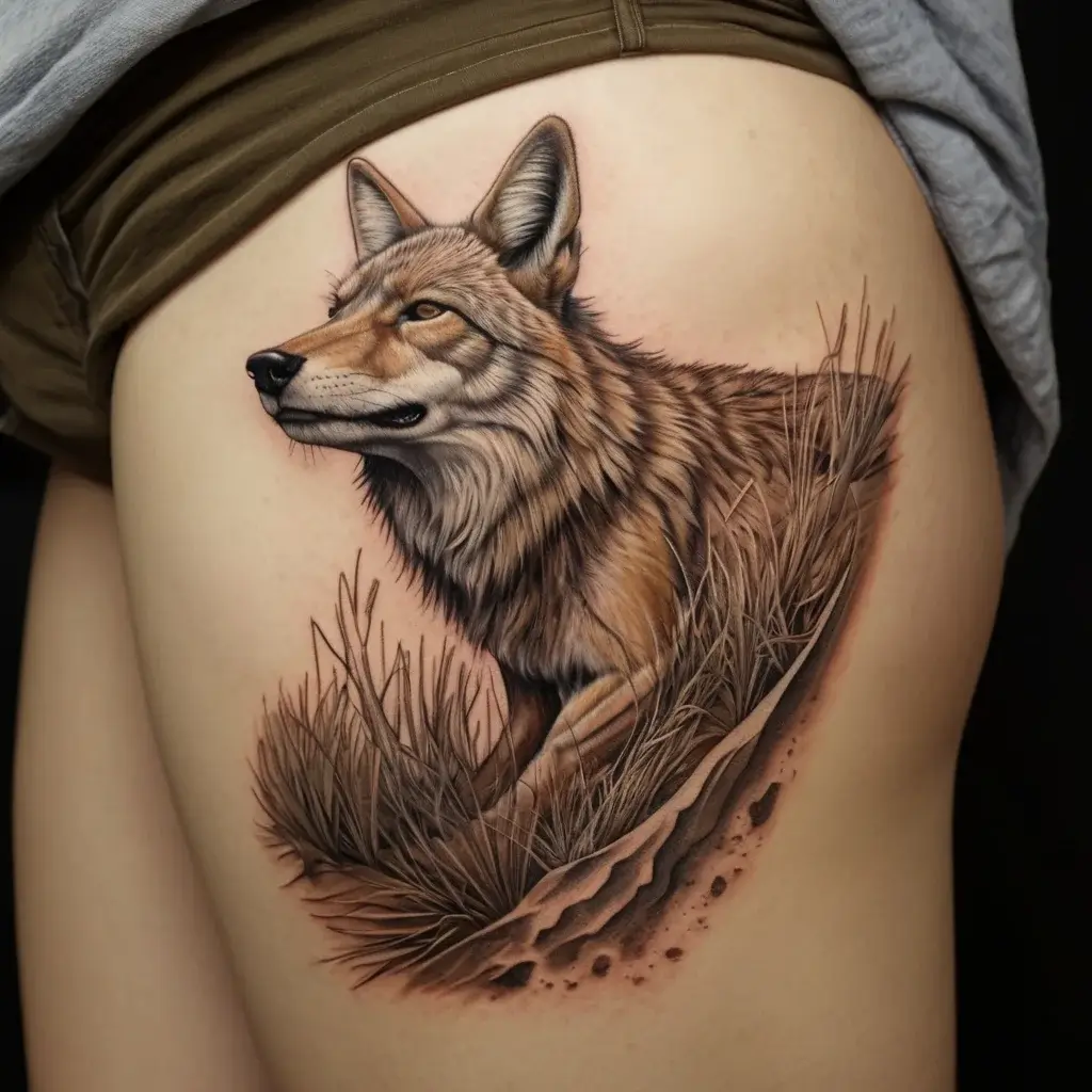 Realistic wolf tattoo nestled in detailed grass, capturing a natural and fierce look on the upper thigh.