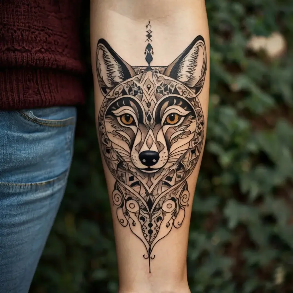 Intricate geometric wolf tattoo with bold lines and patterns, featuring captivating golden eyes on the forearm.