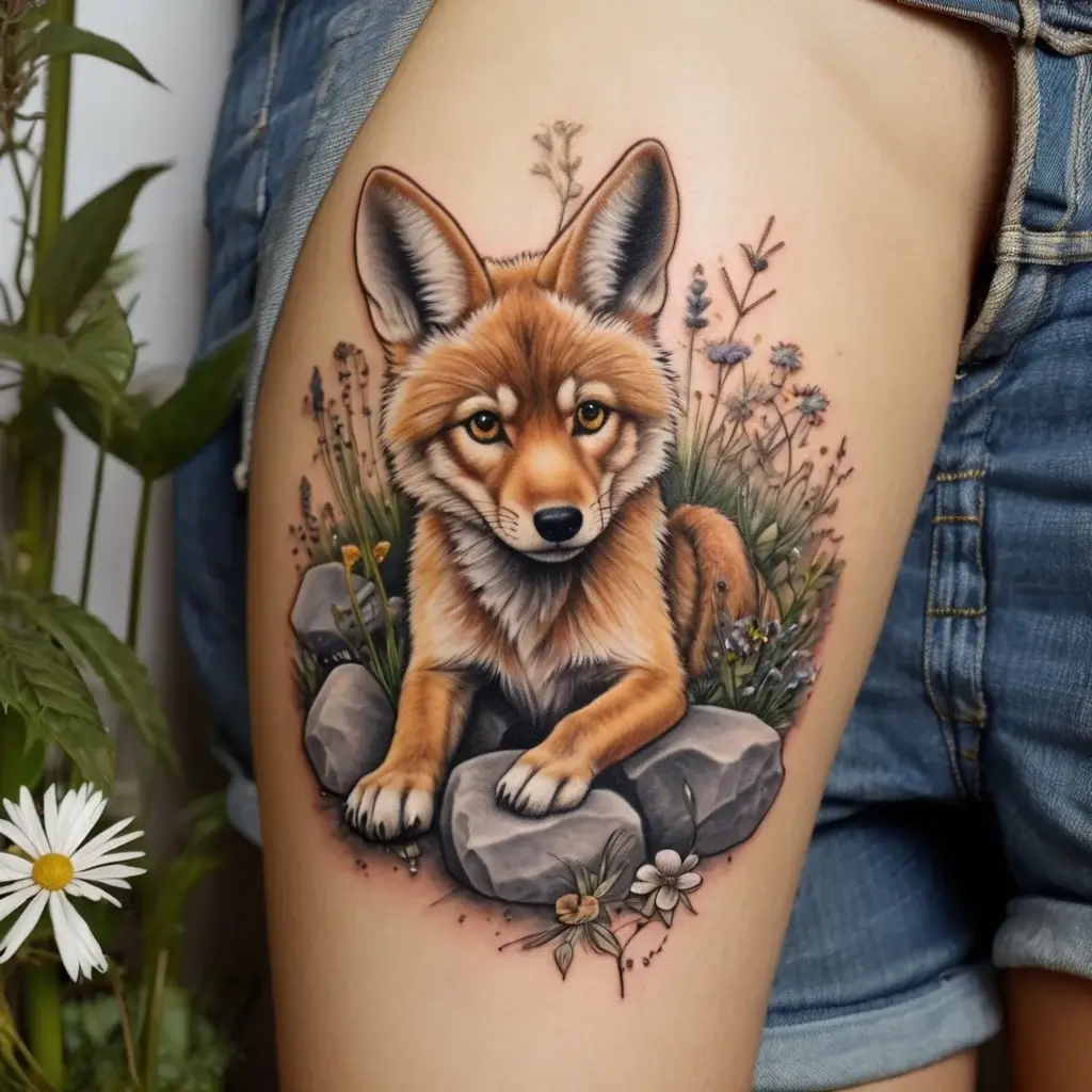 Realistic fox tattoo surrounded by flowers and rocks on the thigh, showcasing intricate detail and vibrant colors.