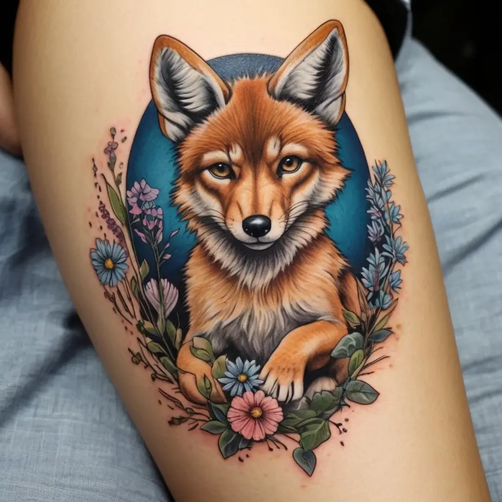 Tattoo of a realistic fox surrounded by colorful flowers and leaves, set against a blue background, symbolizing nature.