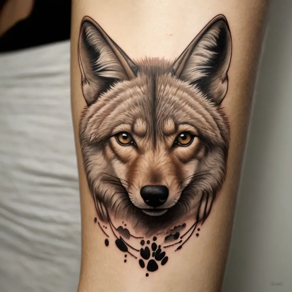 Realistic wolf head tattoo with intense eyes, surrounded by decorative black paw prints and abstract elements.