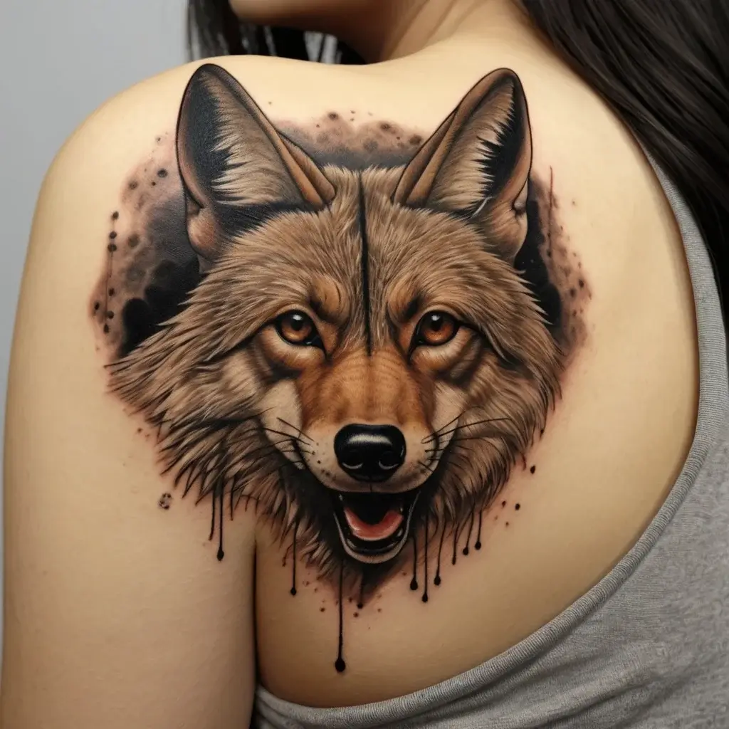 A detailed wolf head tattoo on the shoulder with realistic shading and fur texture, accented by watercolor splatters.