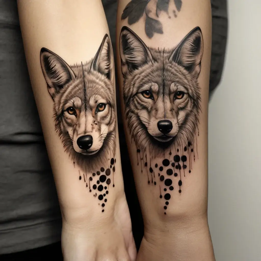 Realistic wolf tattoo on forearm with symmetrical dotwork and drips, blending naturalism and abstract art.