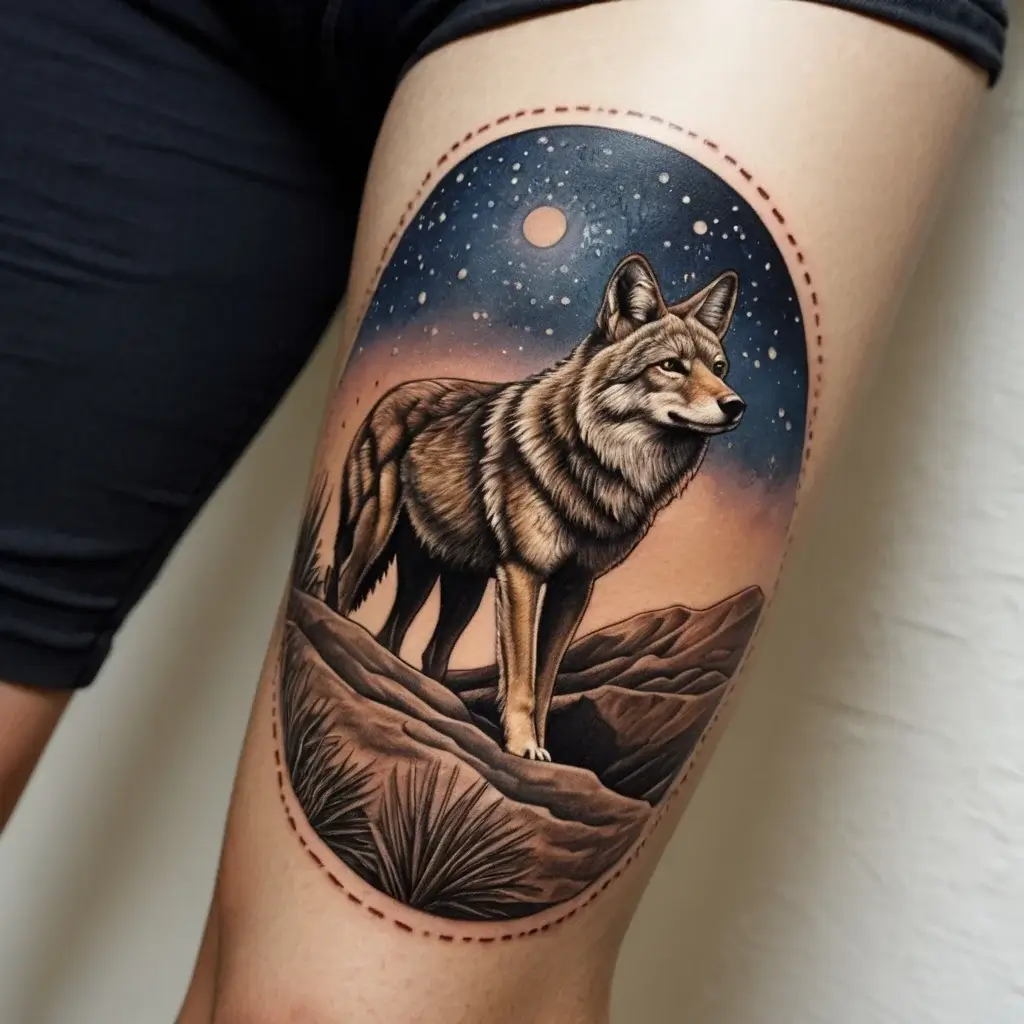 Realistic wolf tattoo on thigh, set in a desert landscape under a starry night sky, with vibrant colors and fine details.