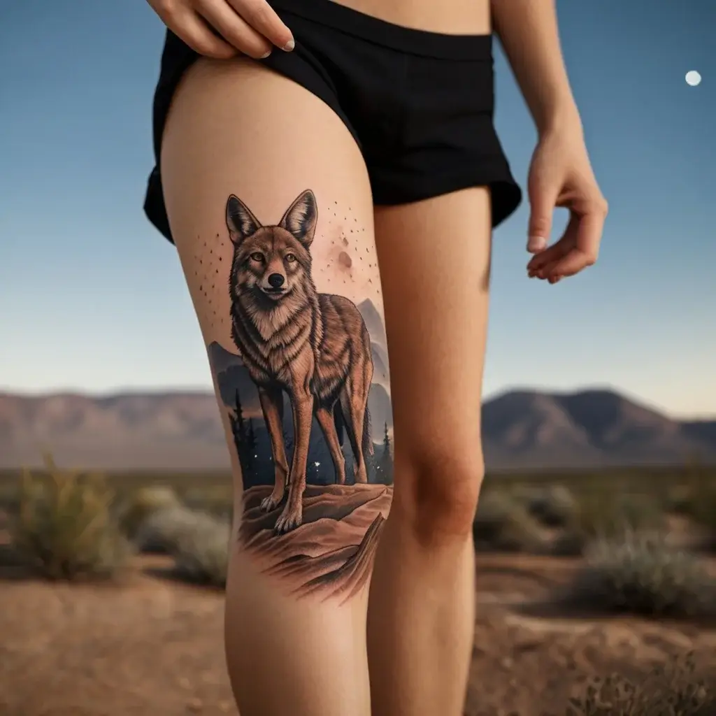 Realistic coyote tattoo on thigh with starry sky background, set against mountains and desert landscape.