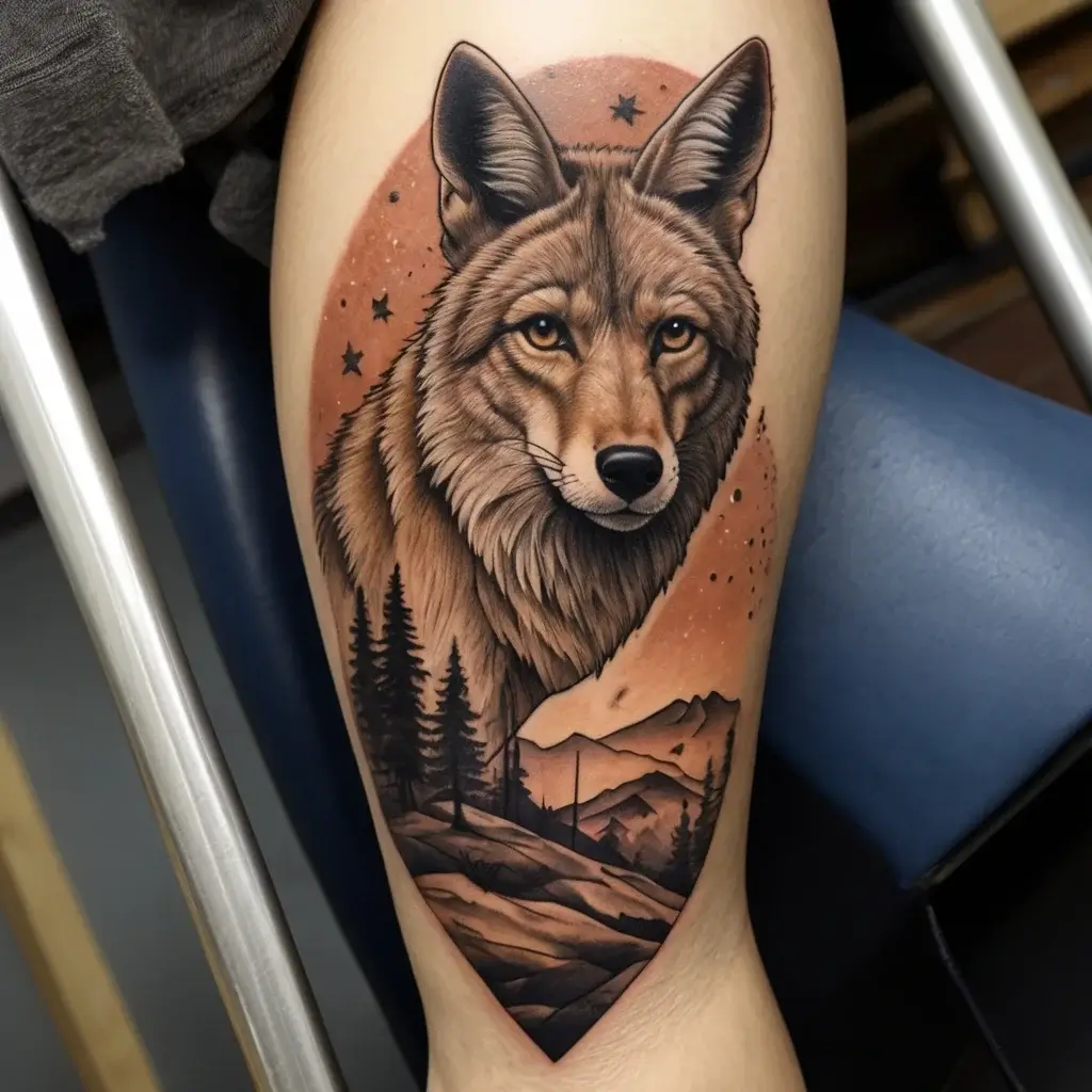 Realistic wolf head tattoo with a mountainous landscape, surrounded by stars and trees, set against a circular backdrop.