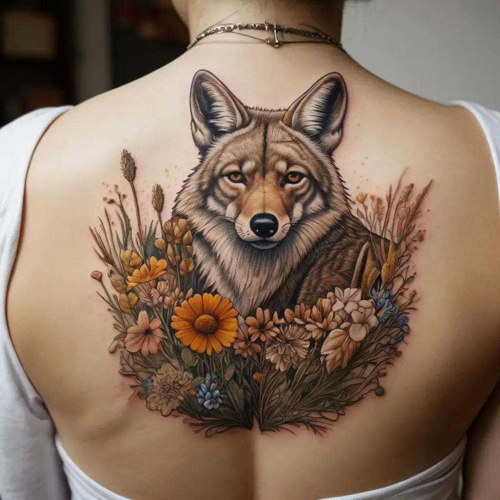 Tattoo of a realistic coyote surrounded by detailed wildflowers, blending natural elements with vibrant colors on the back.