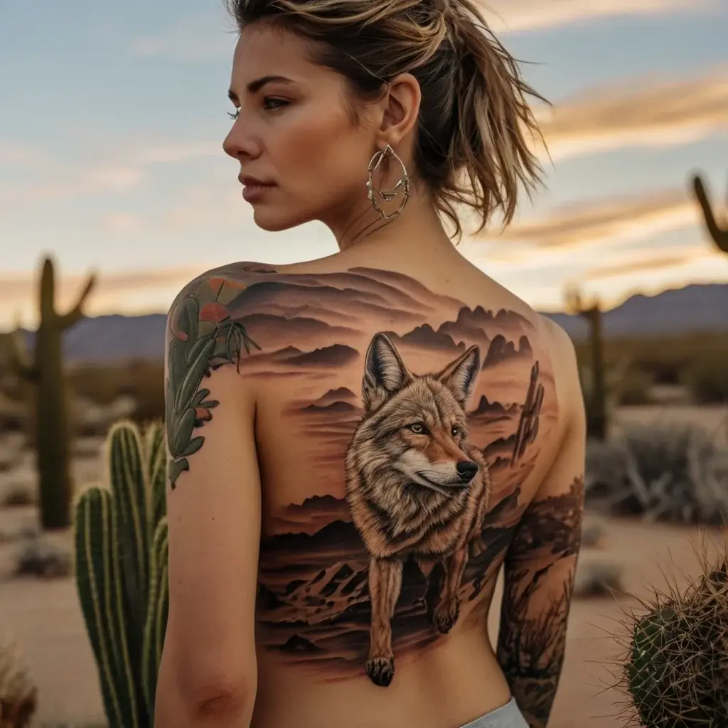 Realistic coyote tattoo on back with desert landscape and cacti, blending nature and wildlife in stunning detail.