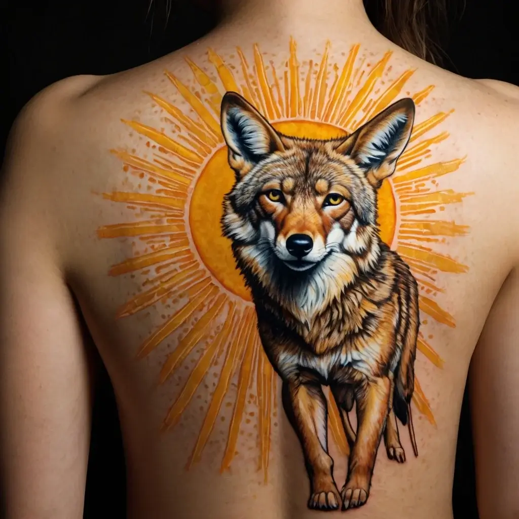 Tattoo of a realistic coyote with vibrant fur in front of an abstract orange sunburst on the back.