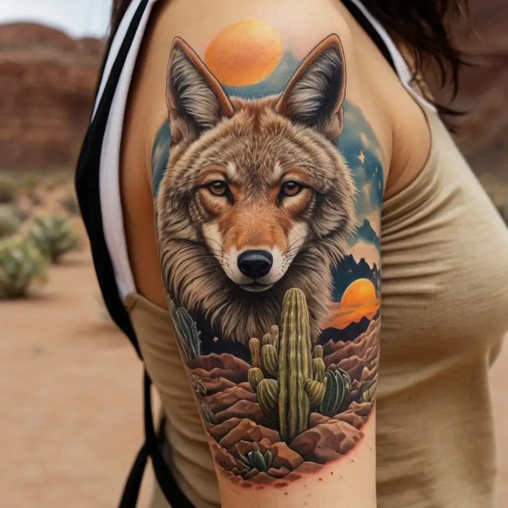 Realistic coyote with desert landscape, featuring cacti and a vivid sunset sky, on upper arm.