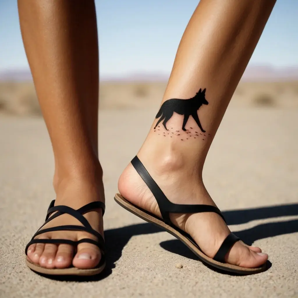 Tattoo of a black dog silhouette on the ankle, set above small ink dots resembling footprints in the sand.