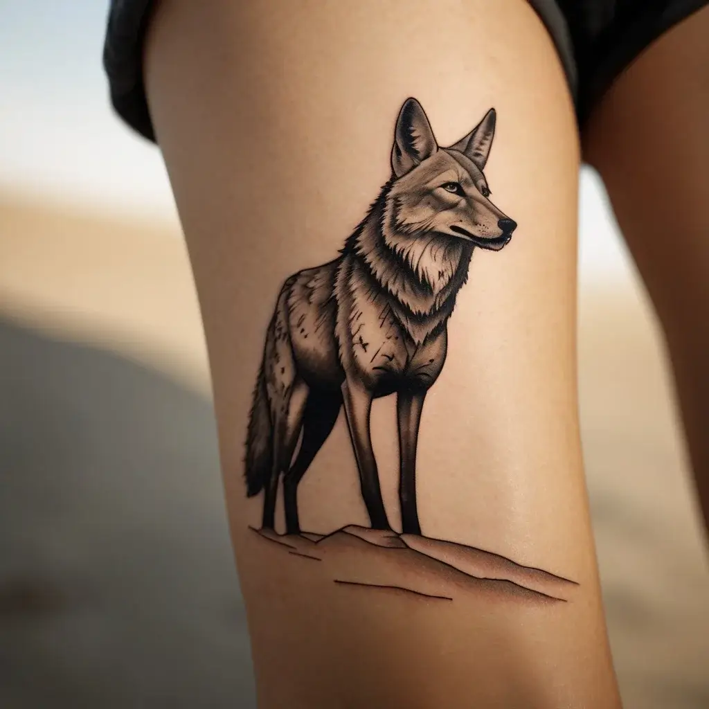 Black and grey tattoo of a standing wolf on a thigh, showcasing detailed fur texture and sharp, realistic features.