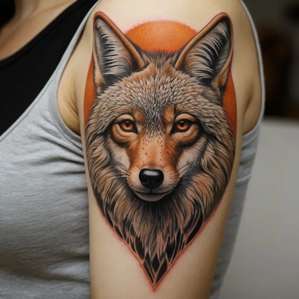 Realistic coyote face tattoo with intricate fur detail and vibrant orange background, featured on the upper arm.