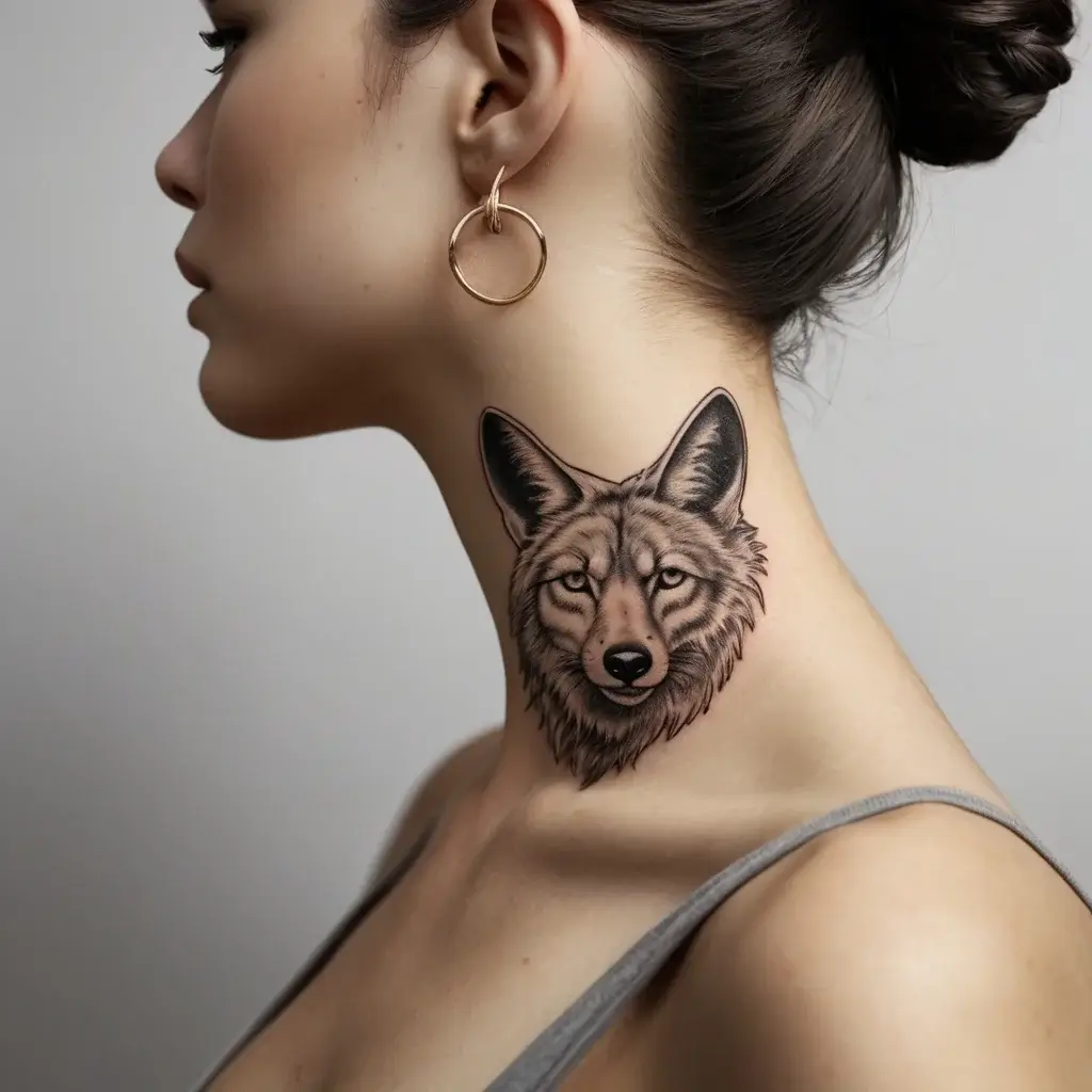 A realistic wolf face tattoo on the neck, showcasing intricate details and shading, symbolizing strength and freedom.