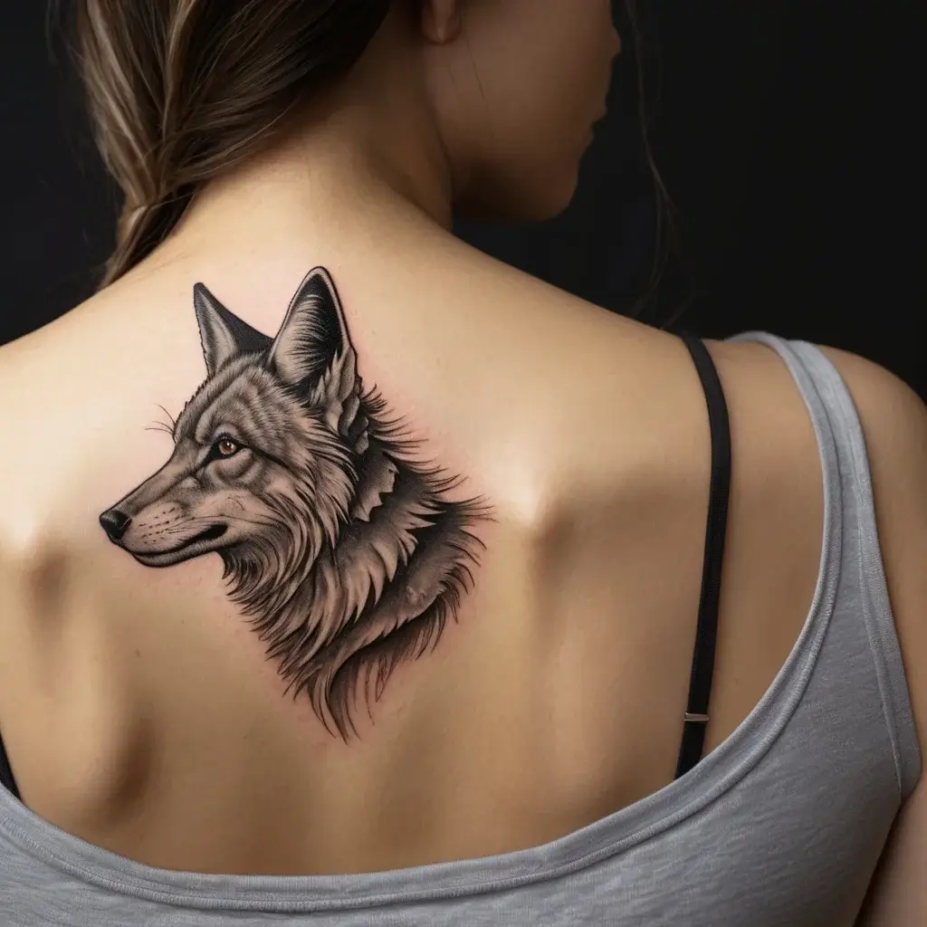 Tattoo of a wolf on the upper back, showcasing detailed fur texture and sharp gaze with realistic shading.