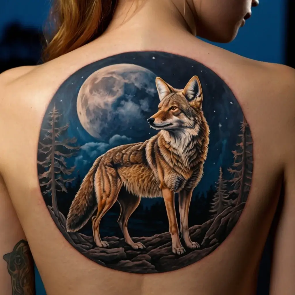 Realistic wolf under a full moon, surrounded by trees, creating a mystical landscape on the upper back.