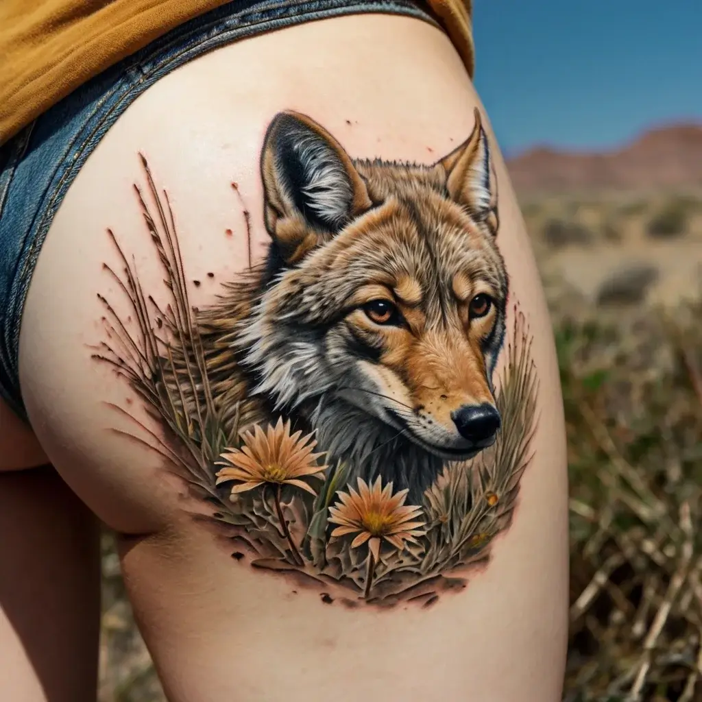 Realistic wolf tattoo on upper thigh, surrounded by wildflowers and grasses, showcasing detailed fur texture and lifelike eyes.