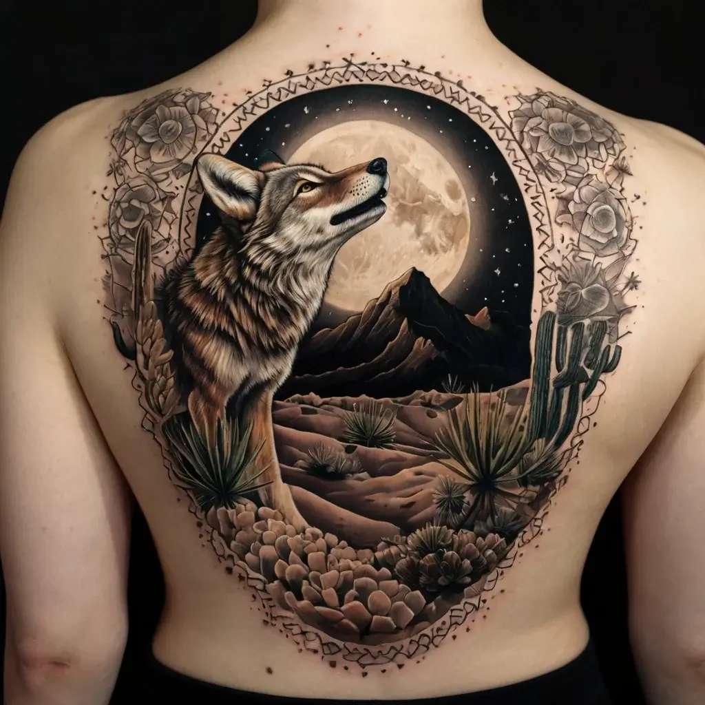 Tattoo of a wolf gazing at a full moon, surrounded by desert flora, framed by intricate roses and geometric patterns.