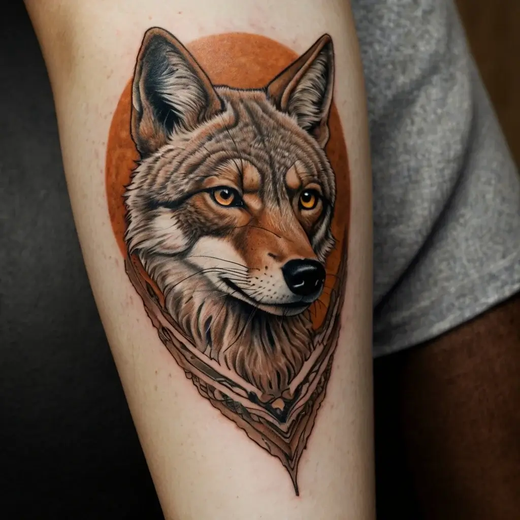 Realistic coyote head tattoo with detailed fur and piercing eyes, framed by a warm orange circle, adds depth and vibrancy.