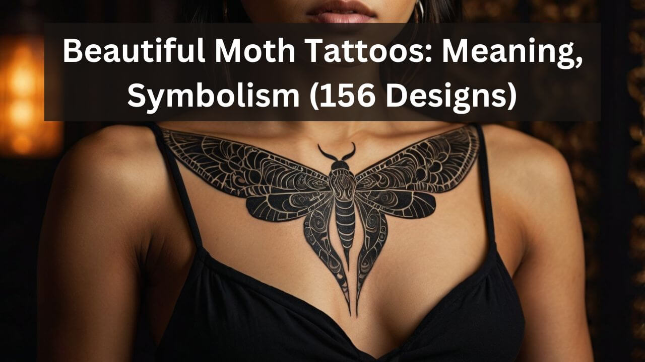 Ornate black moth chest tattoo design with intricate wing patterns, symbolizing transformation and mystery.