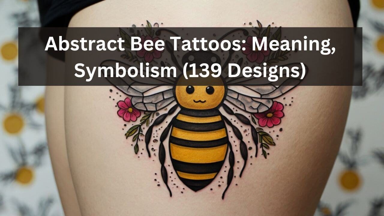 Colorful Abstract bee tattoo with geometric wings and flowers, symbolizing creativity and harmony in a playful design.