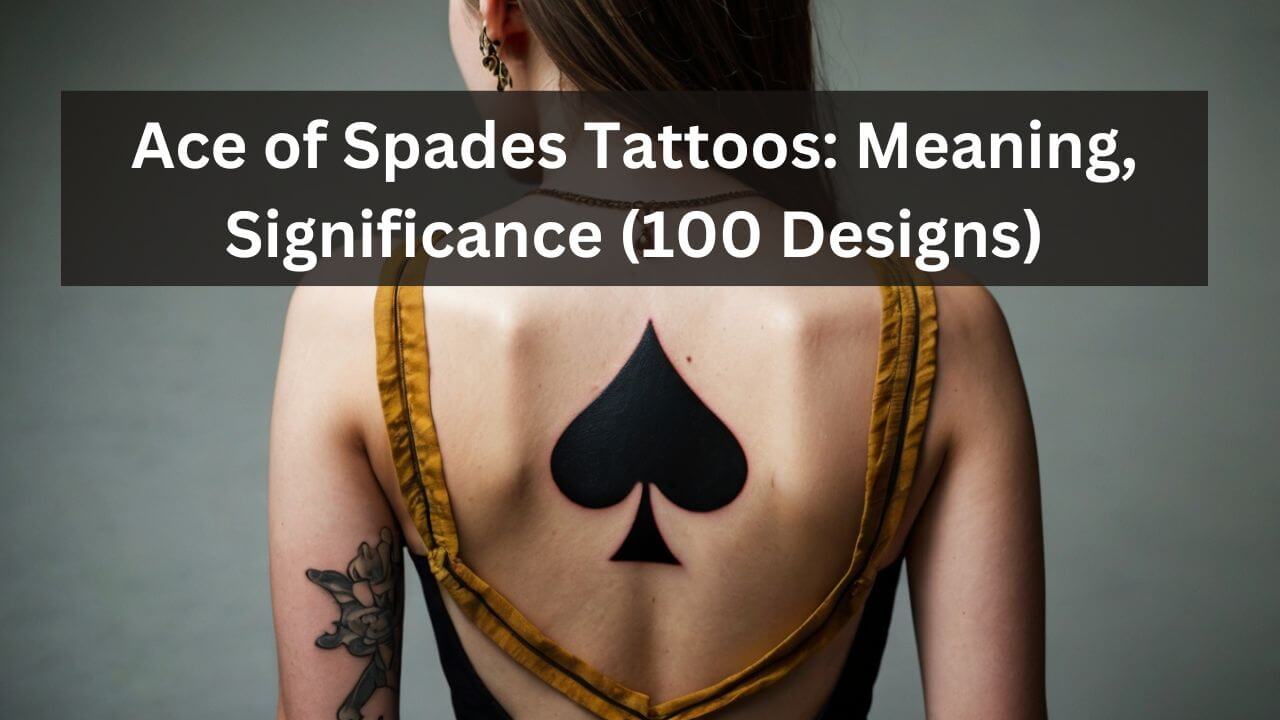 Black Ace of Spades tattoo centered on upper back, representing power and mystery, with floral arm design.