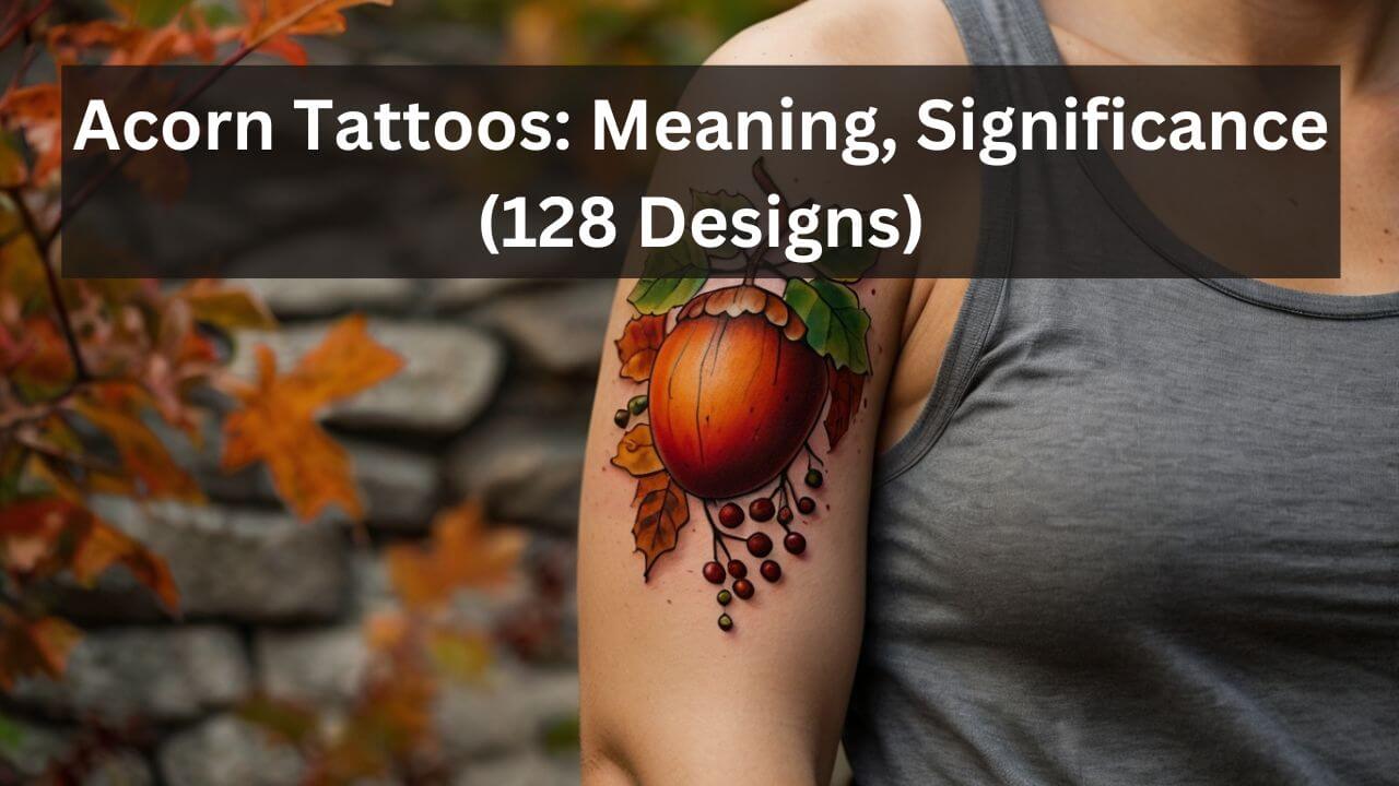 Colorful acorn tattoo with leaves and berries, symbolizing growth and potential, on the upper arm.