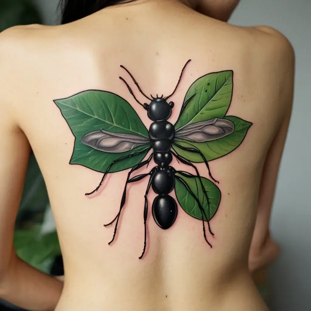 Tattoo of a detailed ant with leaf wings on a back, blending nature and insect artistry in vibrant green and black.