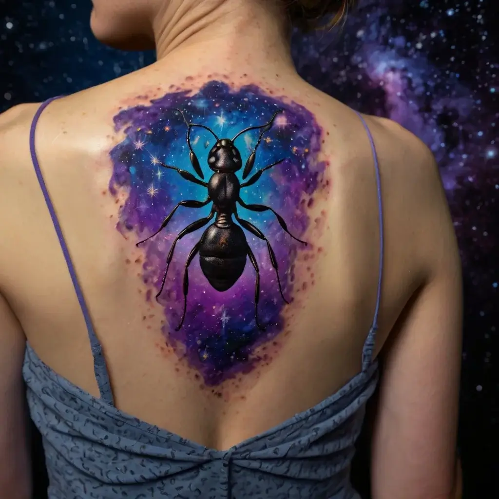 Realistic ant tattoo on back with vibrant galaxy background in purple and blue, featuring stars for a cosmic effect.