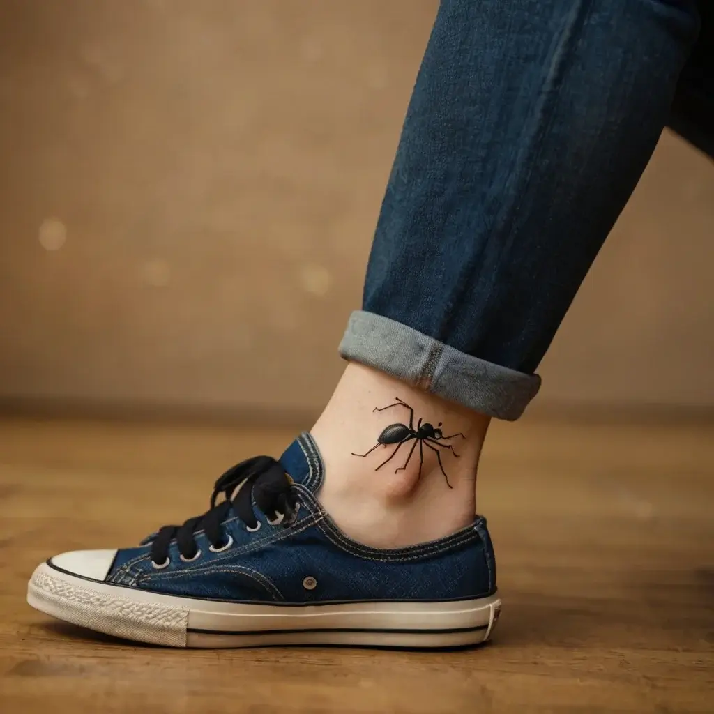 Black ant tattoo on the ankle, showcasing detailed legs and body, symbolizing strength and teamwork.