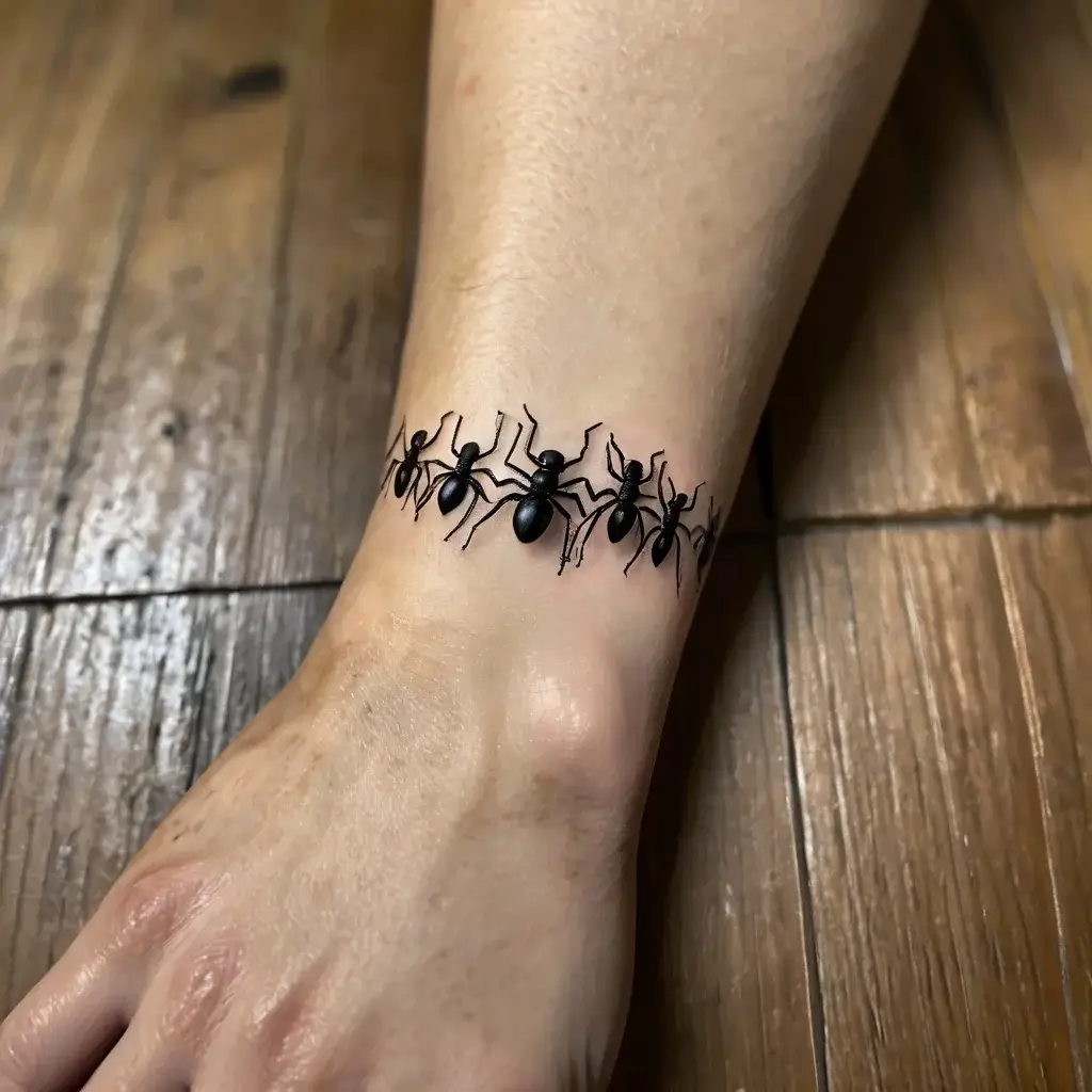 Realistic black ant tattoo band circling the ankle, showcasing intricate detail and a striking 3D effect.