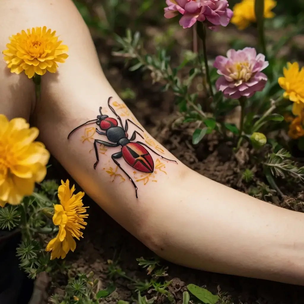 Tattoo of a vibrant red and black ant on the forearm, surrounded by yellow floral accents, symbolizing strength.